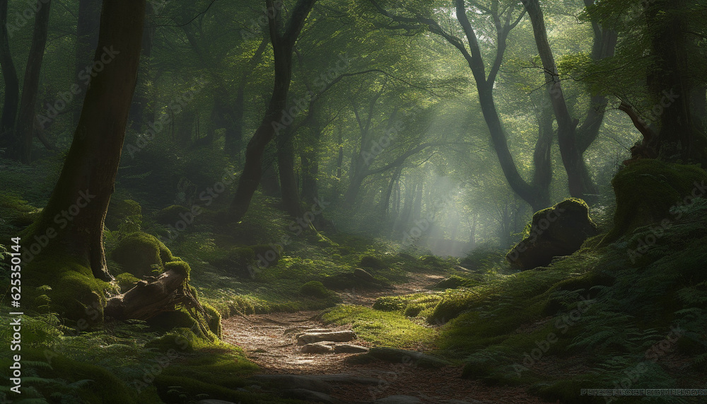 Walking through the mysterious forest, surrounded by tranquil nature generated by AI