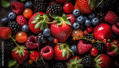 Organic berry collection on wooden table  a healthy summer snack generated by AI