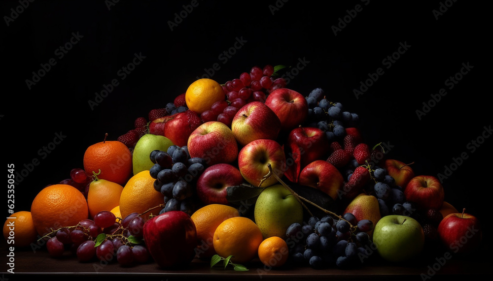 Abundance of vibrant, juicy, multi colored fruit on dark background generated by AI Abundance of vibrant, juicy, multi colored fruit on dark background generated by AI