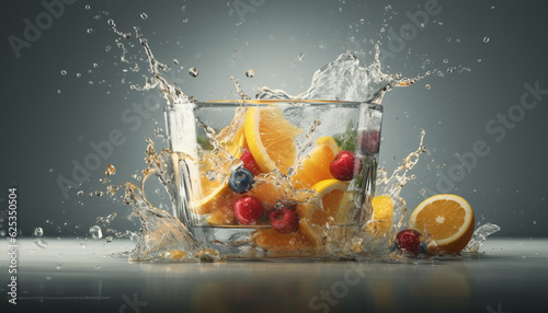 Fresh fruit drops splashing in wet water, healthy citrus refreshment generated by AI