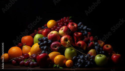 Abundance of vibrant, juicy, multi colored fruit on dark background generated by AI