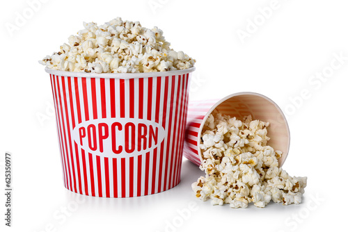 Buckets with tasty popcorn on white background