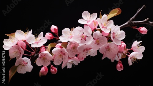 A delicate branch of pink cherry blossom against a dark background.