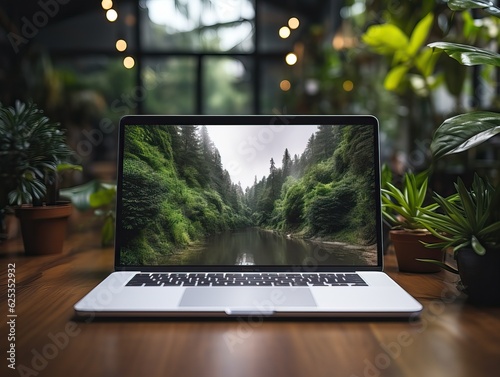 laptop mockup on a wooden t...