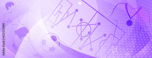 Abstract soccer background with a football player kicking the ball and other sport symbols in purple colors