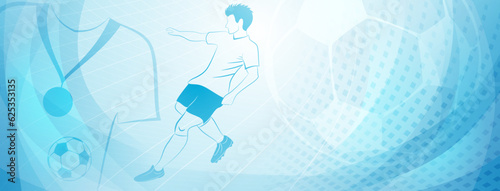 Abstract soccer background with a football player kicking the ball and other sport symbols in light blue colors