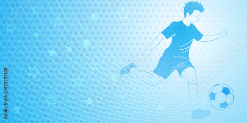 Abstract soccer background with a football player kicking the ball and other sport symbols in light blue colors