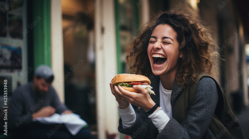 Woman laughing while eating a sandwich Woman laughing while eating a sandwich