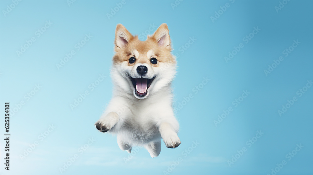A cute dog is jumping in the sky with its mouth wide open