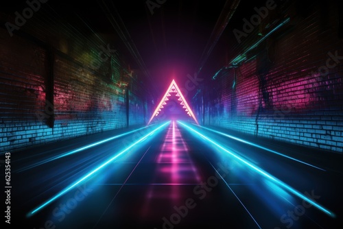 Neon Triangle. Triangles neon lights frame. Neon Light Geometric Objects. Geometric endless tunnel. Abstract flying in futuristic corridor with triangles background. Made With Generative AI. 