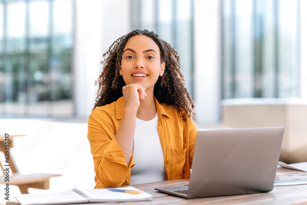 Excited curly haired young mixed race woman, in casual stylish wear, freelancer or student, sitting outdoors with a laptop, looking at camera in amazement, smiling happily Excited curly haired young mixed race woman, in casual stylish wear, freelancer or student, sitting outdoors with a laptop, looking at camera in amazement, smiling happily