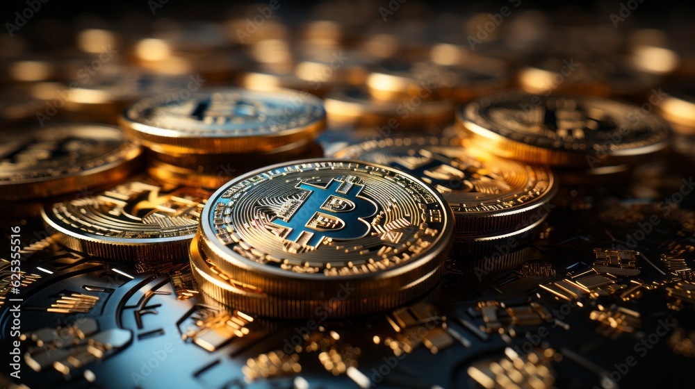 Gold coins with Bitcoin symbol. Generative AI. Gold coins with Bitcoin symbol. Generative AI.