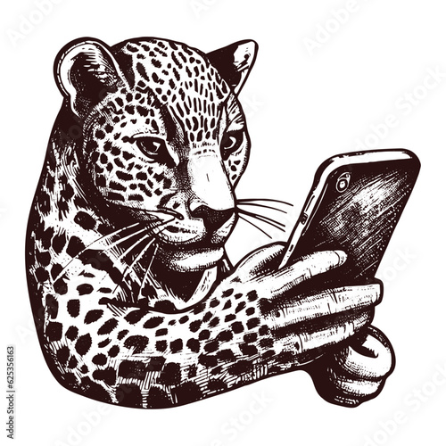 leopard holding a phone sketch