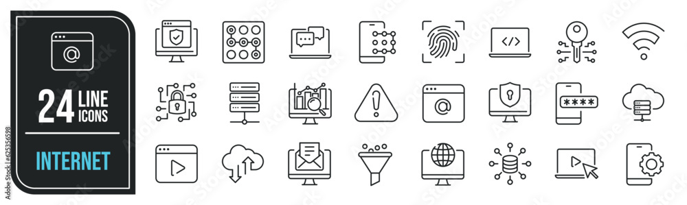 Internet simple minimal thin line icons. Related information technology, mobile, social media. Editable stroke. Vector illustration. - obrazy, fototapety, plakaty 
