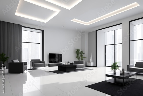 Interior of modern office waiting room with white walls  concrete floor  white computer tables and black armchairs. 3d rendering