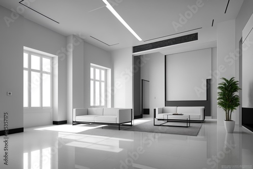 Interior of modern office waiting room with white walls  concrete floor  white computer tables and black armchairs. 3d rendering