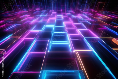 Neon Light Squares. glowing lines, tunnel, neon lights, virtual reality, square portal, arch. Neon Light Geometric Objects. Made With Generative AI. 