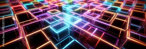 Neon Light Squares. glowing lines, tunnel, neon lights, virtual reality, square portal, arch. Neon Light Geometric Objects. Made With Generative AI. 