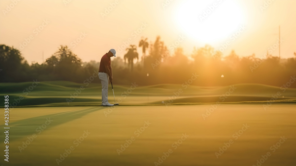 a golf player is practicing putting on the green under sunset. AI generative image.