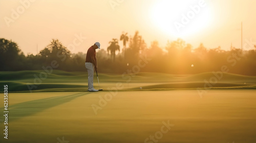 a golf player is practicing putting on the green under sunset. AI generative image.