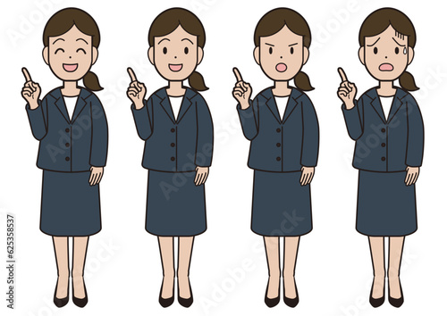 A young woman in a suit pointing a finger Presentation guide introduction
