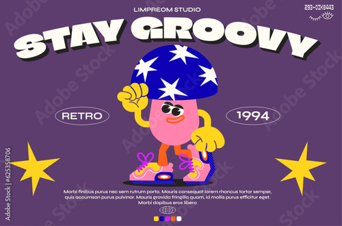 Cartoon characters retro mushroom 90s. Trandy poster. funny colorful doodles in hippie style.Groovy vector illustration with typography
