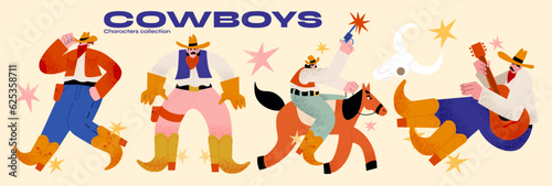 Retro characters cowboys 90s. Cartoon vintage style, groovy illustration of wild west, ranch, horse. Western country mascot