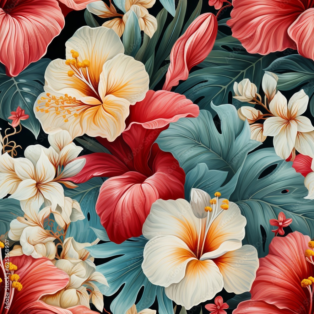 Seamless floral pattern with tropical flowers, watercolor