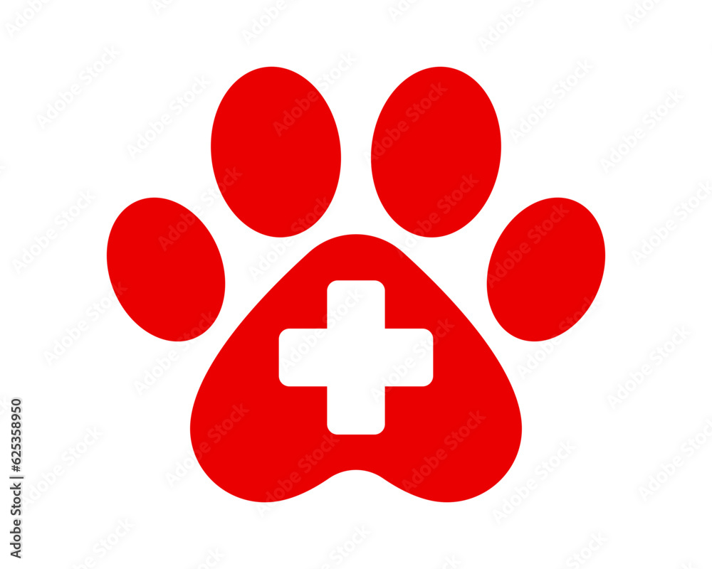Fototapeta premium Vet clinic icon. Veterinary symbol. Dog, cat paw icon. Red Vet logo element. Animal paw print medical vector symbol.