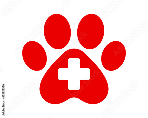 Vet clinic icon. Veterinary symbol. Dog, cat paw icon. Red Vet logo element. Animal paw print medical vector symbol.