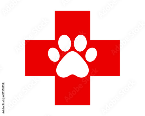 Vet clinic icon. Veterinary symbol. Dog, cat paw icon. Red Vet logo element. Animal paw print medical vector symbol.