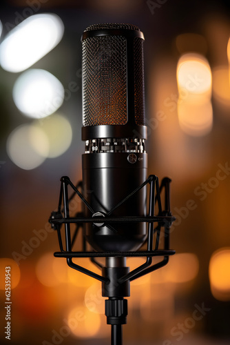 Podcast microphone for recording voice and sound, closeup. Studio Mic for ASMR and podcasting on a blurred bokeh background. Created using Generative AI technology