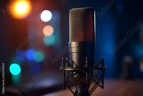 Podcast microphone for recording voice and sound, close-up. Studio Mic for ASMR and podcasting on a blurred bokeh background. Created using Generative AI technology