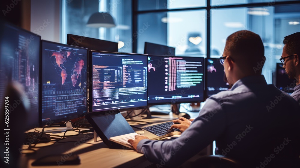 Fototapeta premium A scene showcasing a team of software developers coding, collaborating, and testing applications in a modern development environment