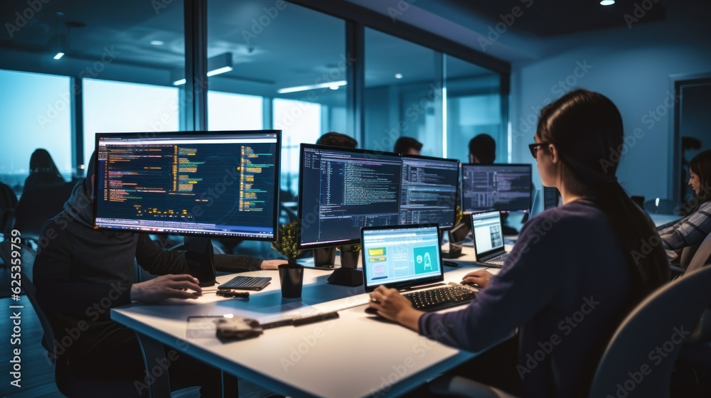 A scene showcasing a team of software developers coding, collaborating, and testing applications in a modern development environment A scene showcasing a team of software developers coding, collaborating, and testing applications in a modern development environment