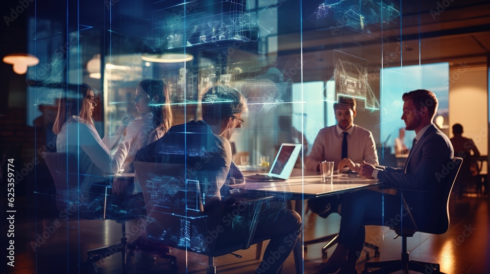 Double exposure of virtual screen and colleagues at business meeting in office with generative ai Double exposure of virtual screen and colleagues at business meeting in office with generative ai