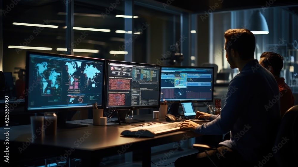 A scene showcasing a team of software developers coding, collaborating, and testing applications in a modern development environment A scene showcasing a team of software developers coding, collaborating, and testing applications in a modern development environment