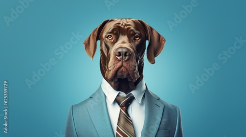 Dog, head and in business suit or worker on surrealism or management and on blue background with generative ai © WS Studio 1985