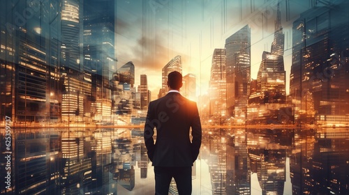 Double exposure image of the business man standing back during sunrise overlay with cityscape image. The concept of modern life, business, city life and internet of things, with generative ai