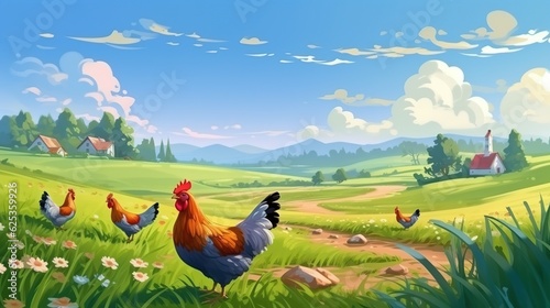 farm and grass on field for sustainable production, agriculture growth and food ecology. Poultry farming, animals and birds in countryside for eggs, protein and livestock industry with generative ai
