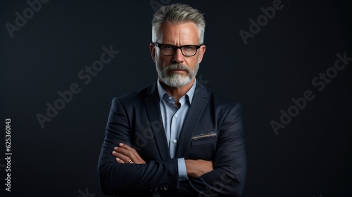 handsome mature businessman standing alone against a grey background in the studio with his arms folded with generative ai