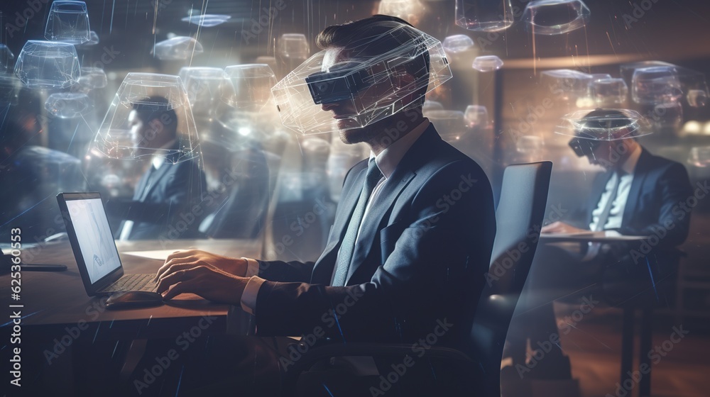 Multiple exposure shot of a businessman wearing a VR headset while working in his office with generative ai