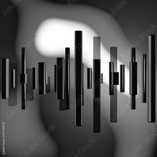 Black and white 3D abstract art with red metal cylinders on abstract background.