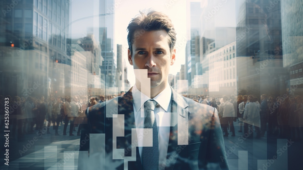 Multiple exposure shot of businesspeople having a meeting superimposed over a cityscape, with generative ai Multiple exposure shot of businesspeople having a meeting superimposed over a cityscape, with generative ai