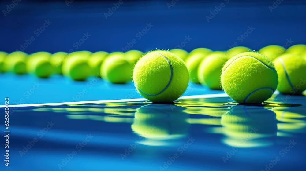 multiple tennis balls lying on a blue tennis court with generative ai