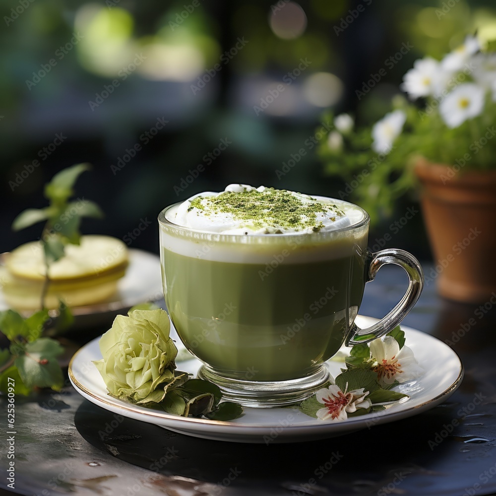 A serving of green matcha tea latte. Generative AI. A serving of green matcha tea latte. Generative AI.
