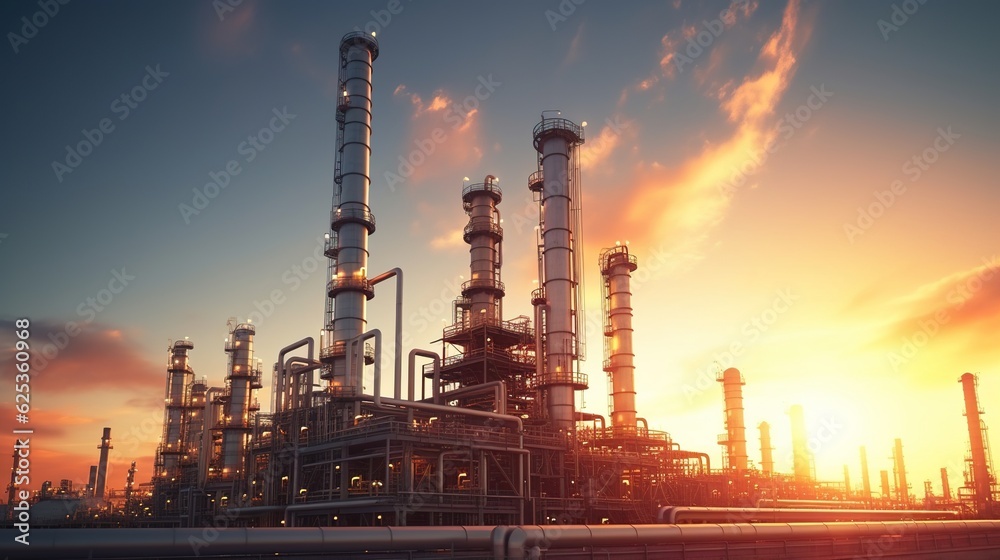 Fototapeta premium Oil and gas refinery plant or petrochemical industry on sky sunset background, Factory with evening, Manufacturing of petrochemical industrial with generative ai