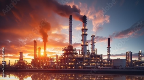 Oil and gas refinery plant or petrochemical industry on sky sunset background, Factory with evening, Manufacturing of petrochemical industrial with generative ai