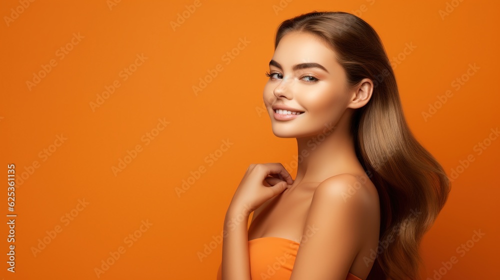 woman, beauty and face skincare for luxury spa healthy hair cosmetics wellness. Young girl, beautiful model and natural happy smile or hair care makeup in orange background with generative ai woman, beauty and face skincare for luxury spa healthy hair cosmetics wellness. Young girl, beautiful model and natural happy smile or hair care makeup in orange background with generative ai