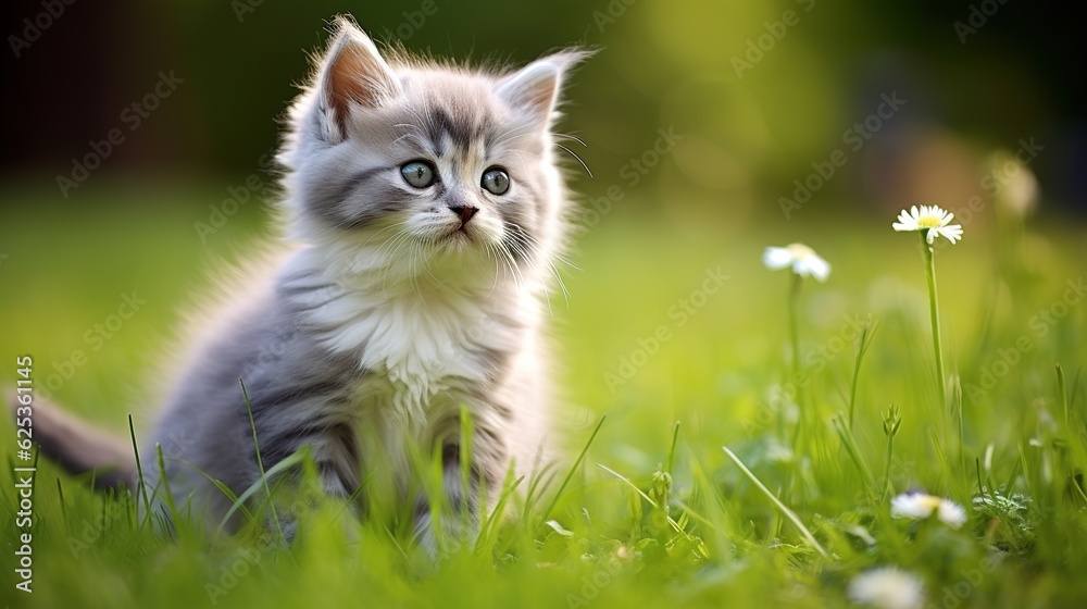 Pretty grey and white kitten outdoors on the grass with generative ai